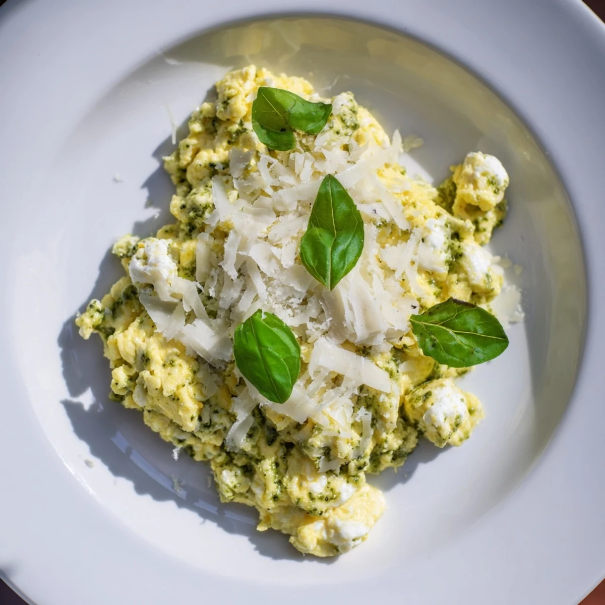 Creamy Pesto Cottage Cheese Eggs, perfectly scrambled, topped with fresh basil, ready to eat.
