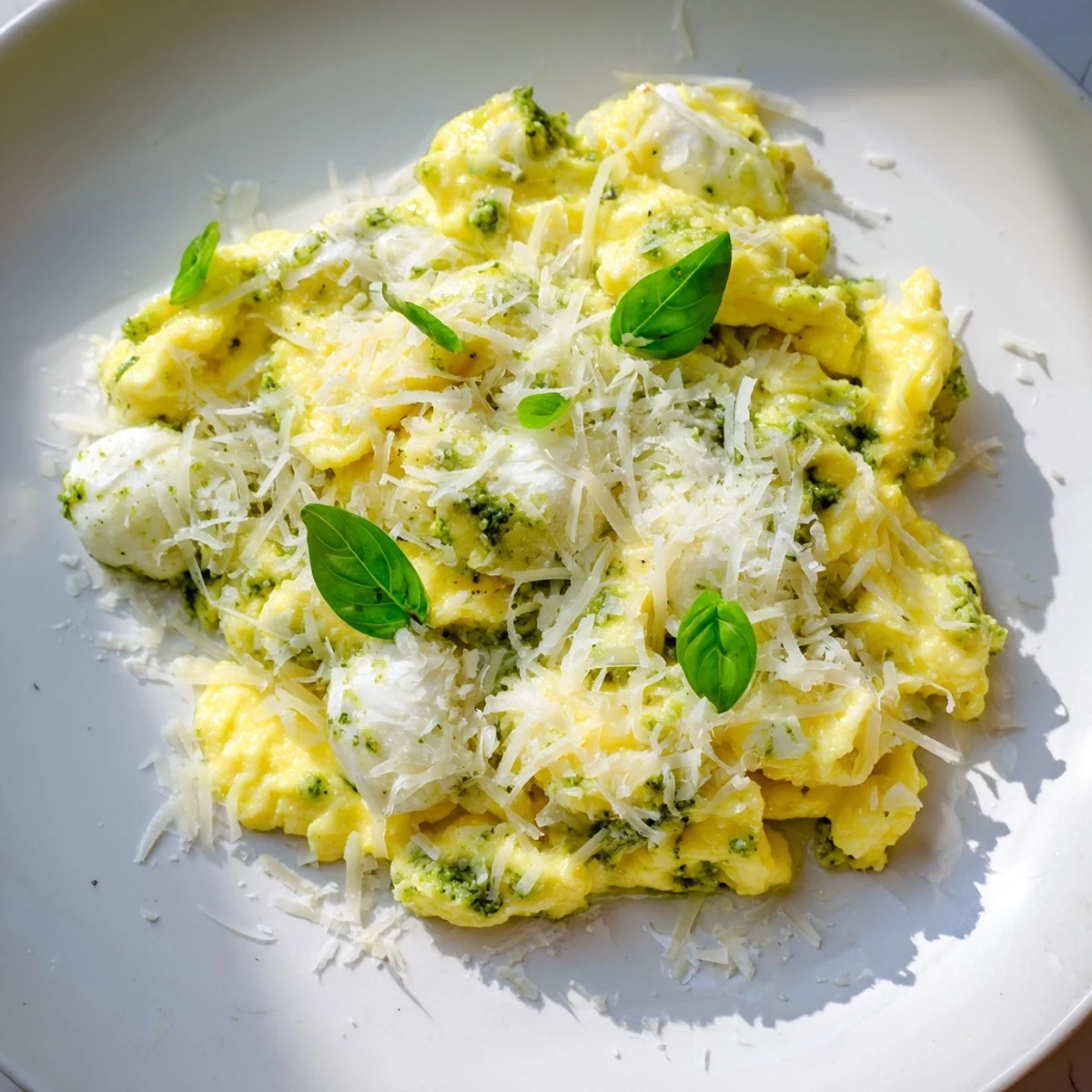 Delicious Pesto Cottage Cheese Eggs, a vibrant green, served with crusty toast--a flavorful breakfast!