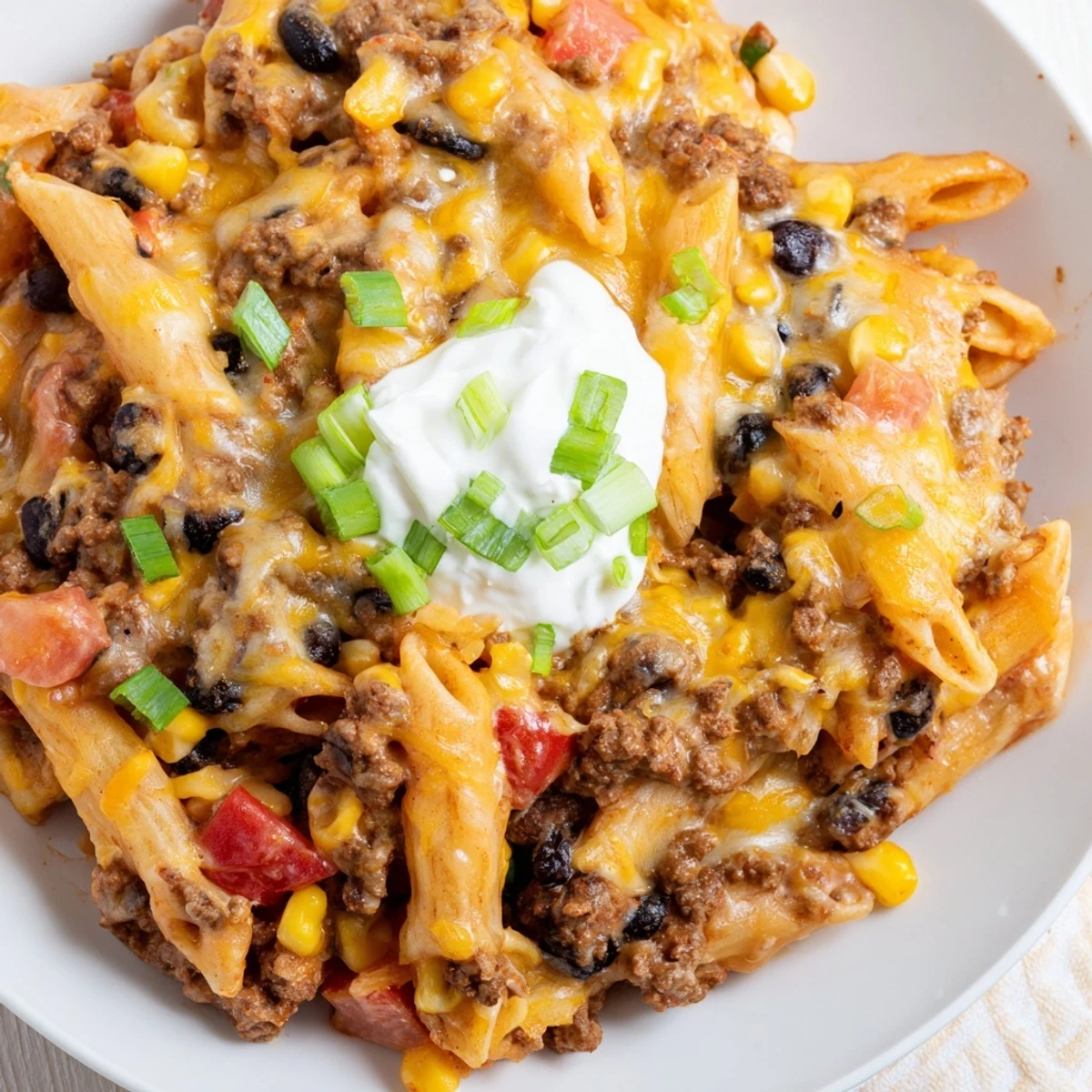 A bubbling skillet of Cheesy Taco Pasta, filled with creamy cheese and savory ground beef.