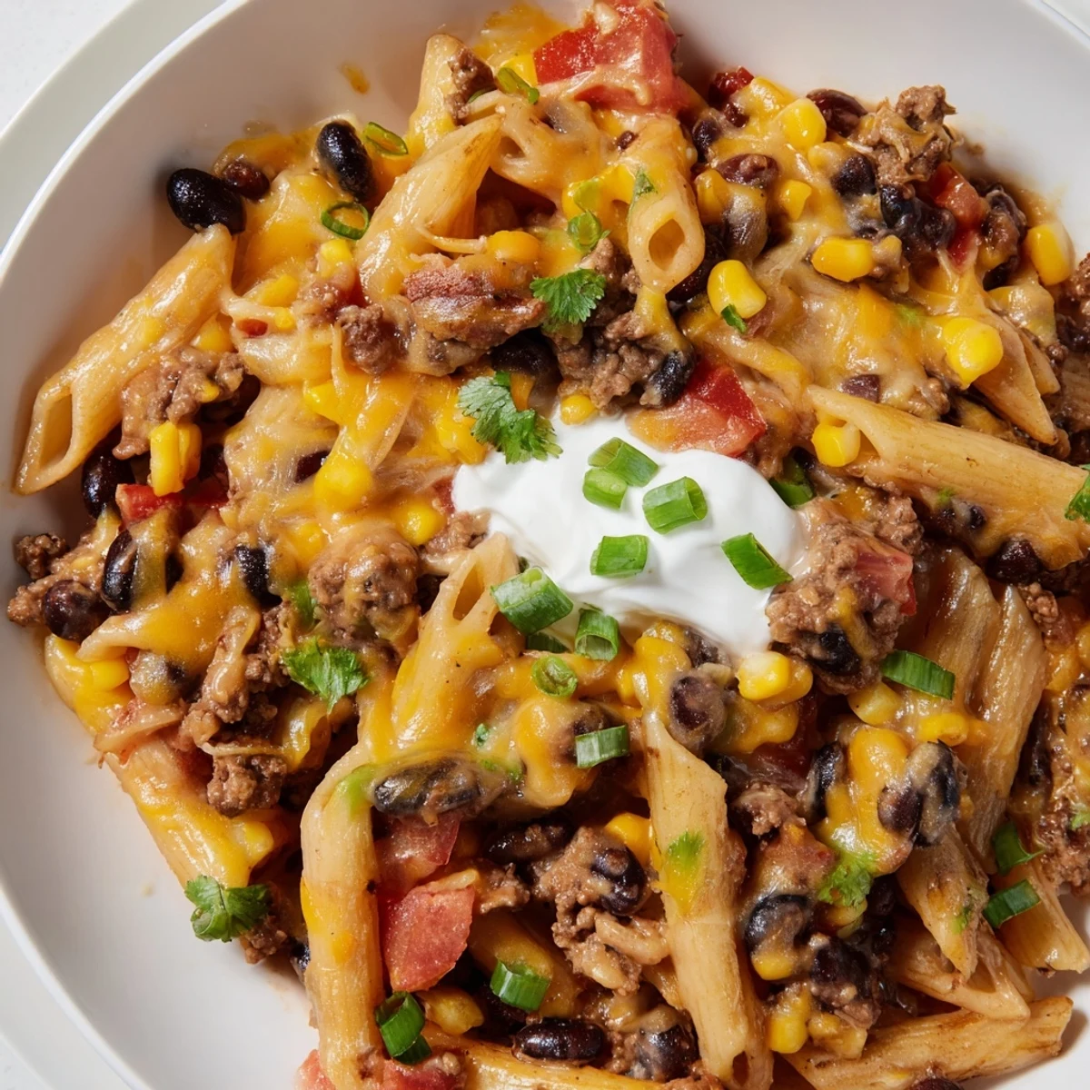 Comforting family meal of Cheesy Taco Pasta, perfect with a dollop of sour cream on top.