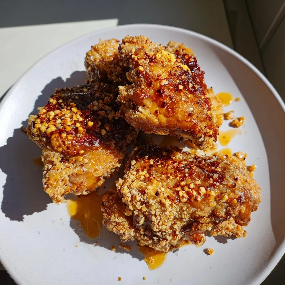 Golden, crispy Hot Honey Crispy Chicken Thighs glistening with a spicy honey glaze, ready to serve.