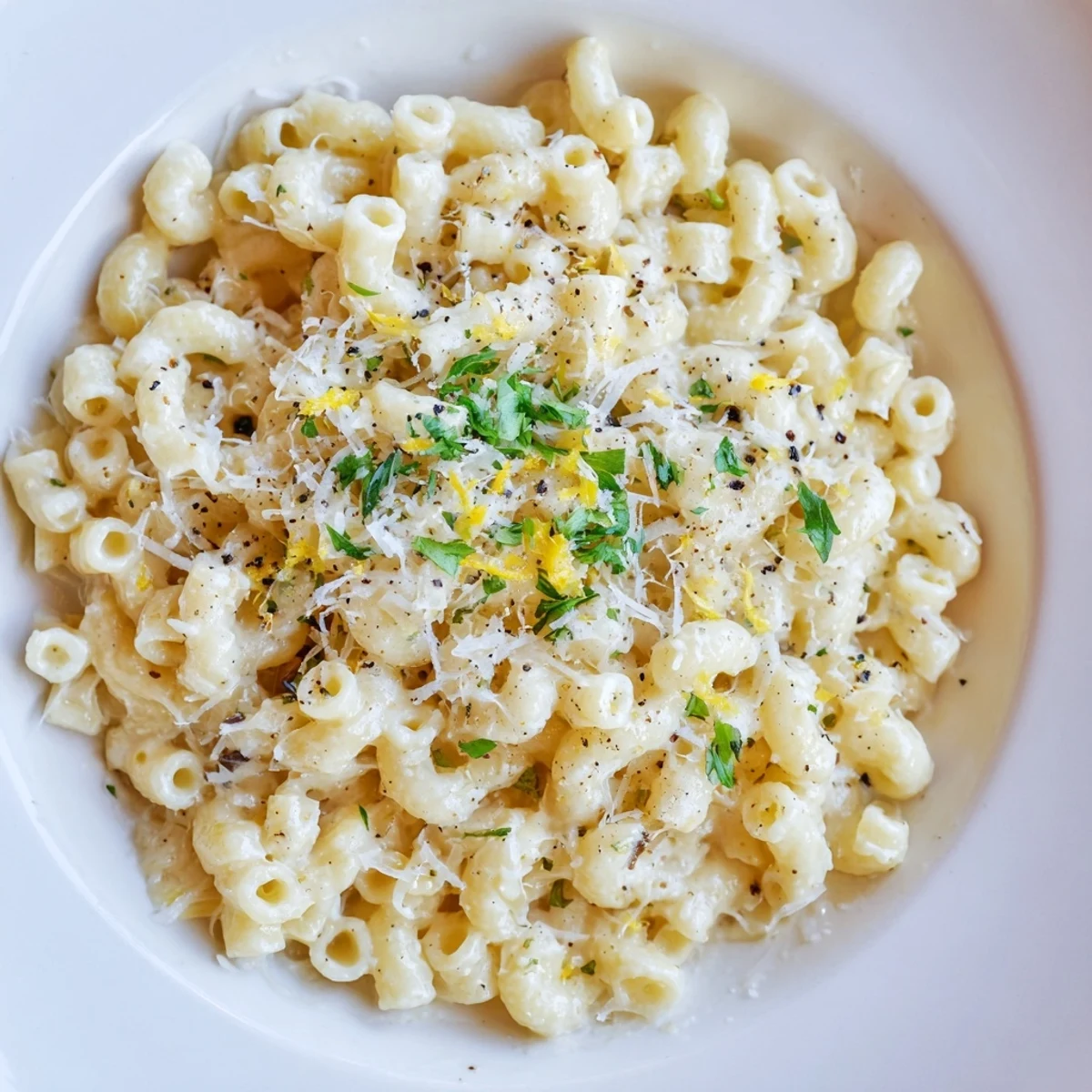 Golden ditalini pasta coated in a creamy garlic butter sauce, ready to be served.