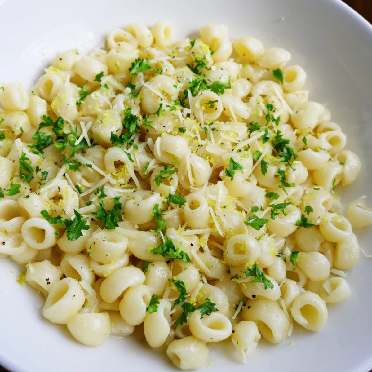 A bowl of 15-Minute Creamy Garlic Butter Ditalini, showing the sauce's rich texture and Parmesan garnish.