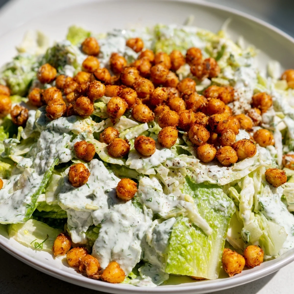 Green Goddess Salad with crispy chickpea topping, a vibrant vegetarian meal, ready to eat.