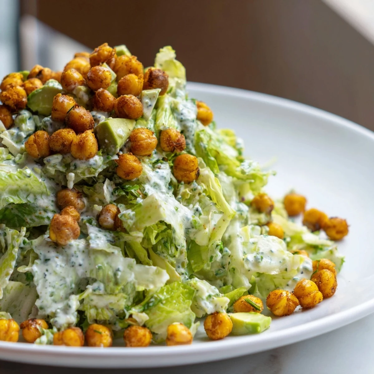 A bowl of fresh Green Goddess Salad with its crunchy chickpea topping, perfect for lunch.