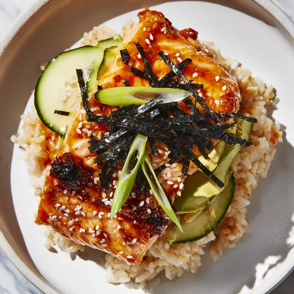 Emily Mariko-Inspired Sticky Orange Gochujang Salmon Bowl with glistening glaze, vibrant colors, and crunchy toppings.