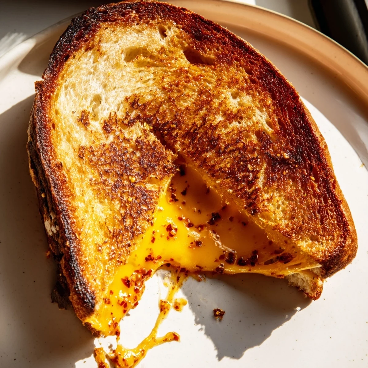 Sharp cheddar filling a crispy Honey Chipotle Butter Grilled Cheese sandwich, a gourmet comfort food delight.