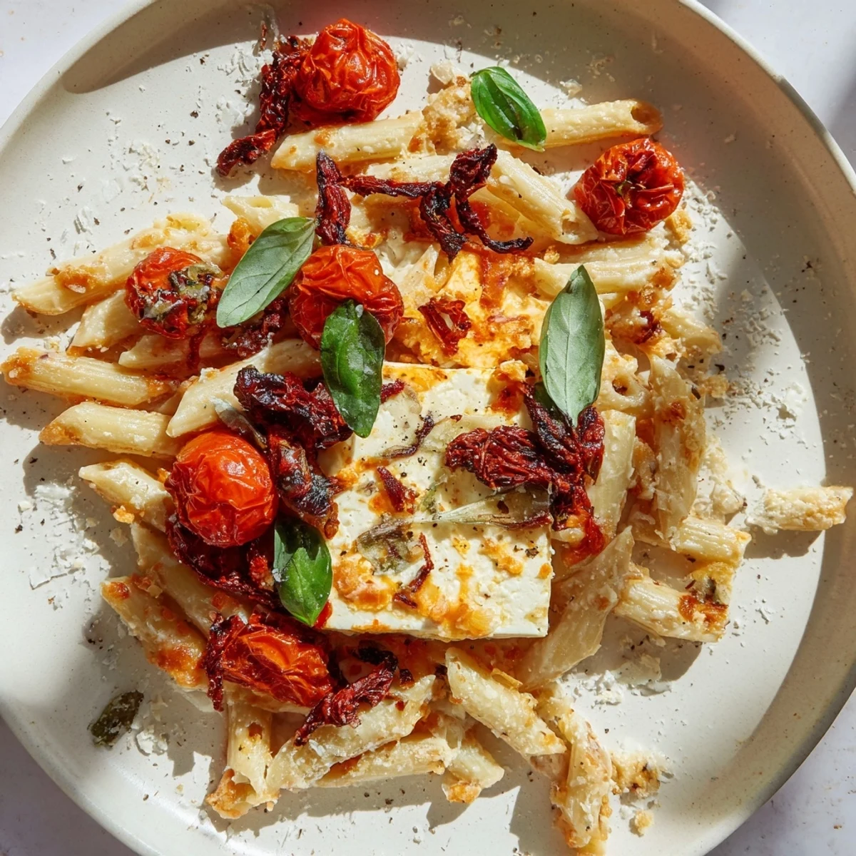 Warm, creamy baked feta pasta, with golden feta and sun-dried tomatoes is a delicious, simple dinner.