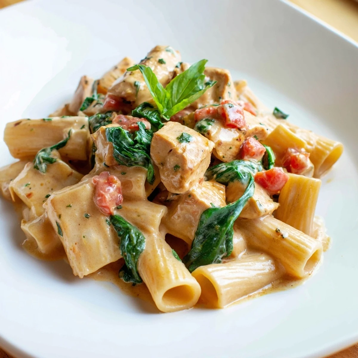 A flavorful bowl of Budget-Friendly Marry Me Chicken Pasta: chicken chunks in a rich, creamy tomato sauce.