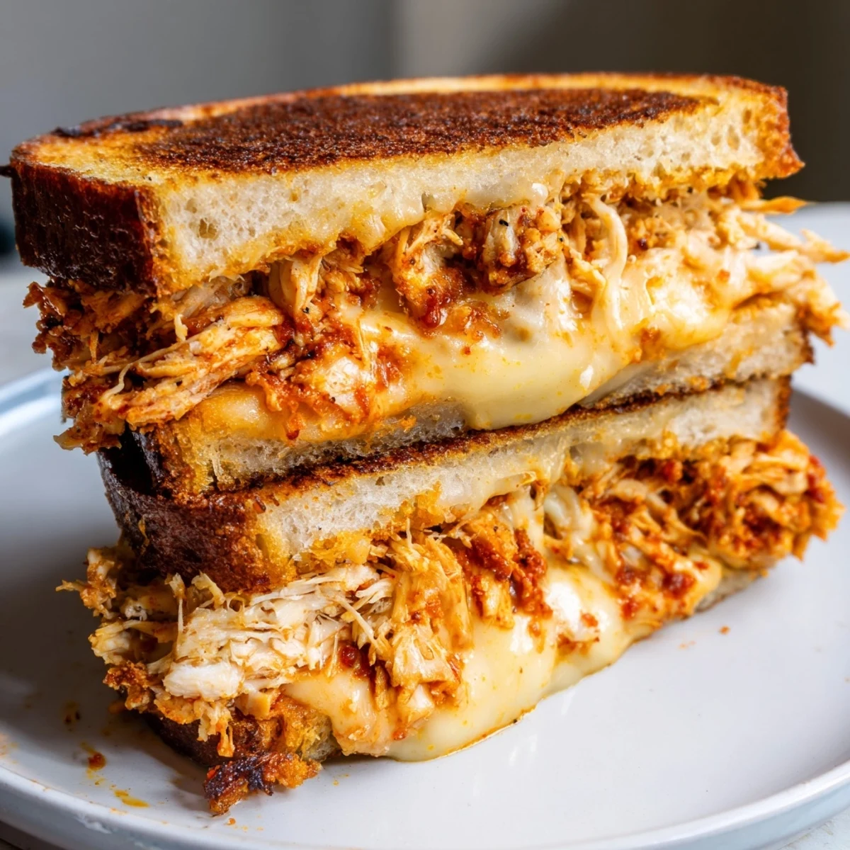 Golden-brown Spicy Crispy Chicken Sandwich Grilled Cheese, oozing melted cheese for classic comfort food.
