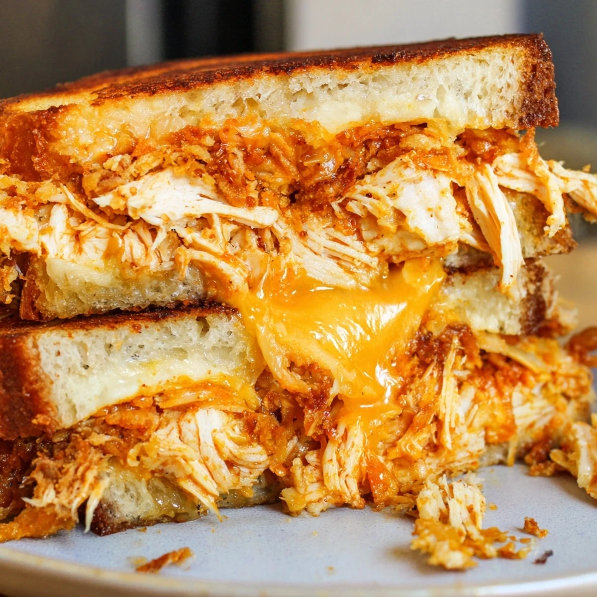 A close-up of a perfectly grilled Spicy Crispy Chicken Sandwich Grilled Cheese, ready to be sliced and enjoyed.