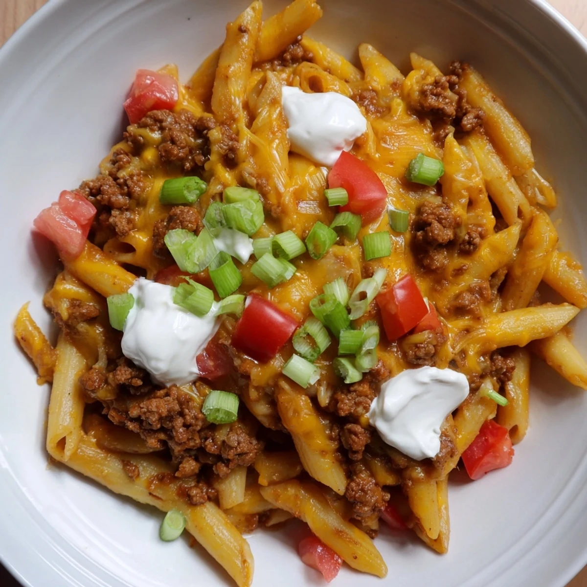 Steam rises from a flavorful bowl of One-Pot Taco Pasta, topped with fresh cilantro.