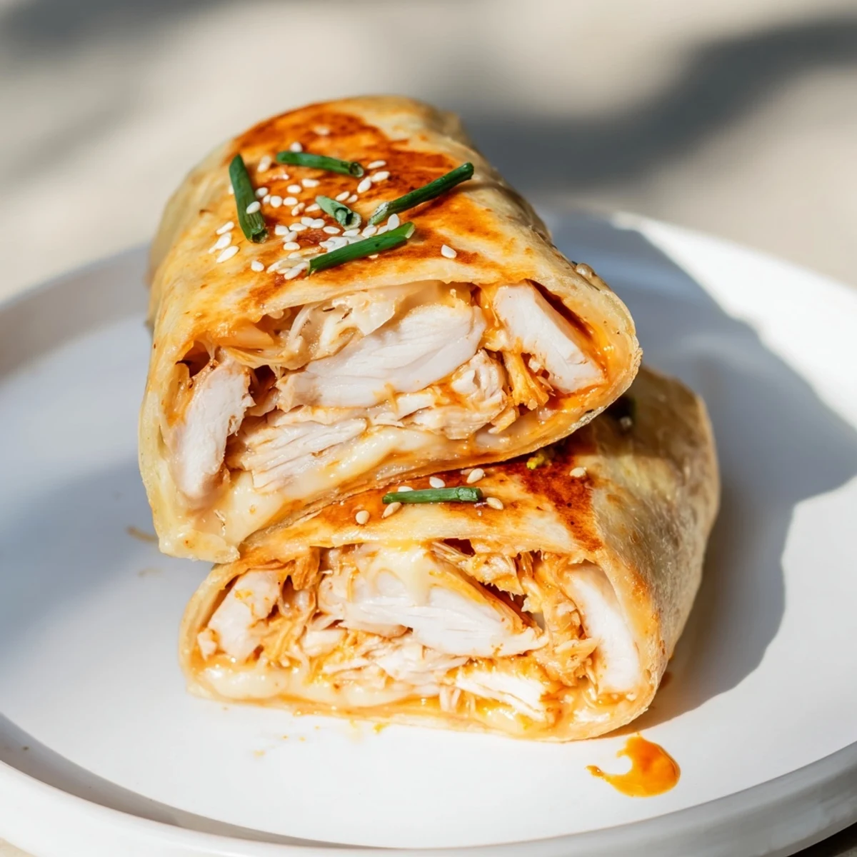 Golden, crispy Korean BBQ chicken wrap grilled cheese ready to be sliced and enjoyed.