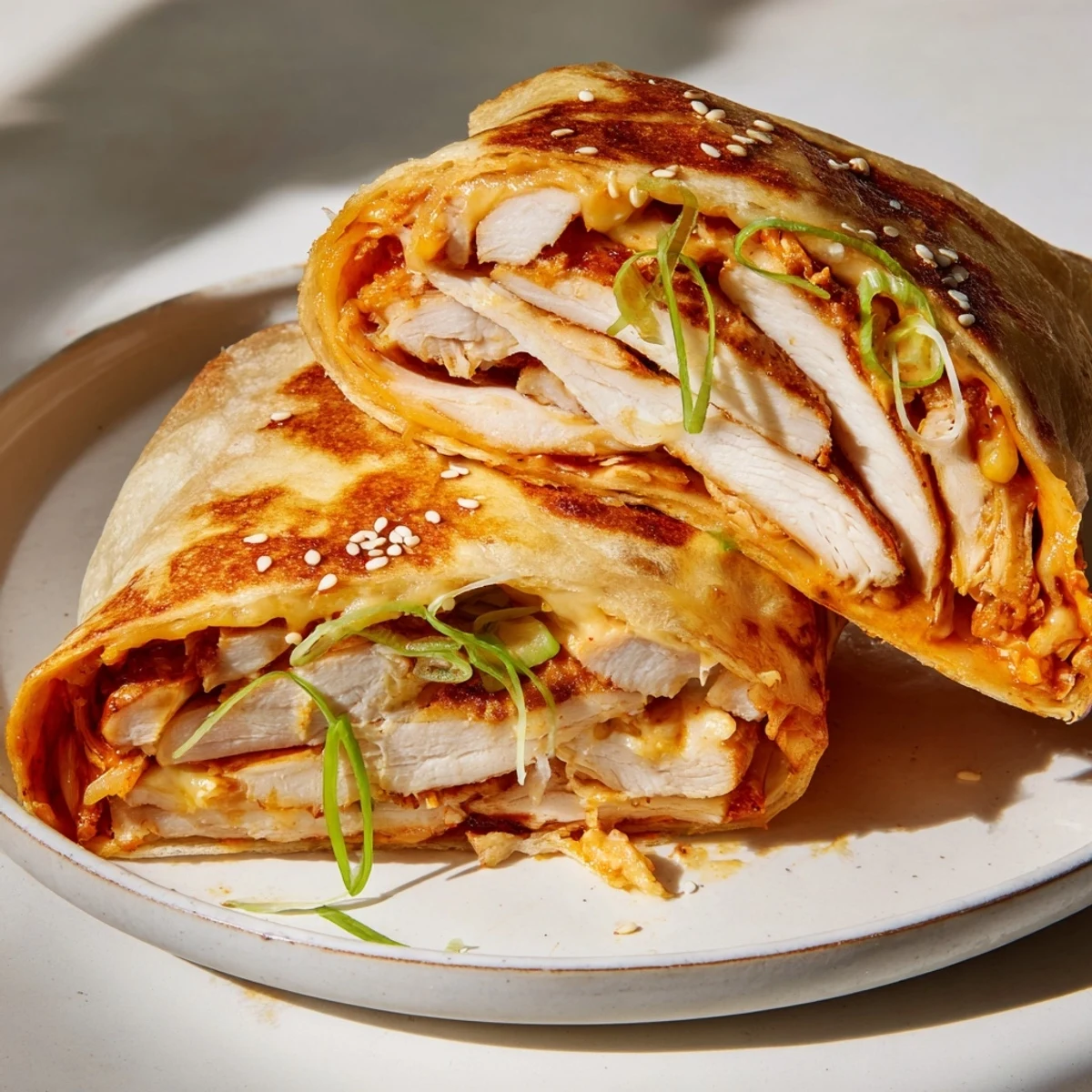 Melted cheese spills from this delicious Korean BBQ chicken wrap grilled cheese, served hot.