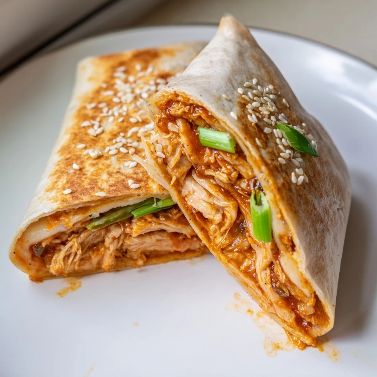 A close-up of a perfectly grilled Korean BBQ chicken wrap grilled cheese, loaded with savory filling.