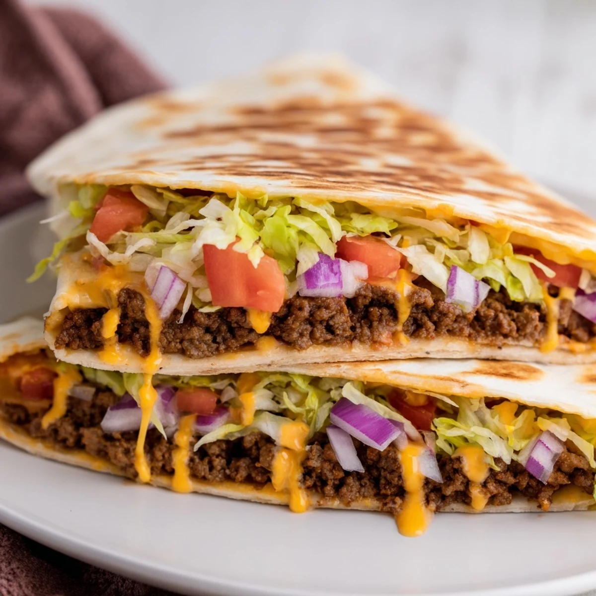 Golden-brown Taco Bell Crunchwrap Supreme, sliced open to reveal layers of savory beef and cheese.