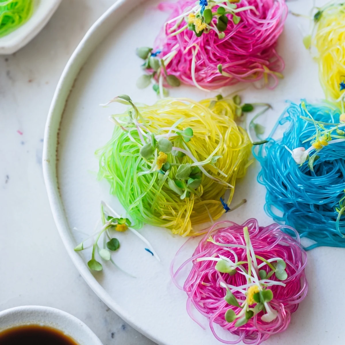 Appealing image of neon noodle clouds, a gluten-free and vegan dish with colorful agar-agar noodles.