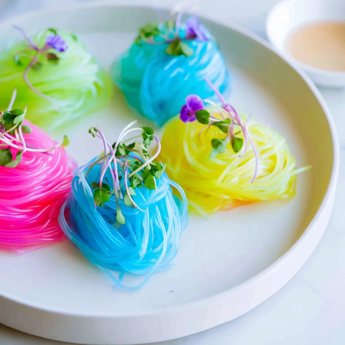 Vibrant neon noodle clouds served chilled, perfect for a refreshing, colorful appetizer with dipping sauce.