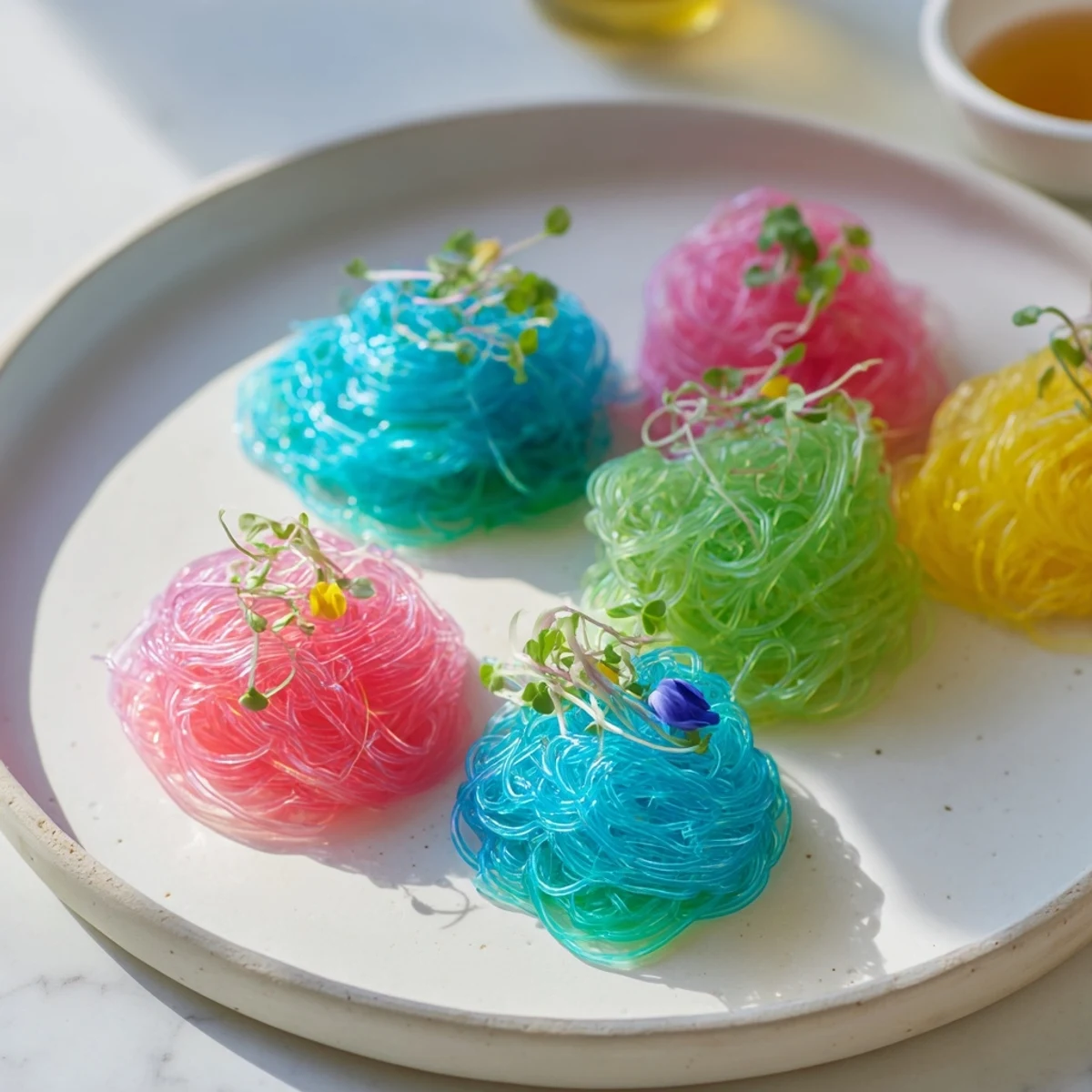 Enjoy the playful texture of neon noodle clouds, a fusion appetizer served with a flavorful dipping sauce.