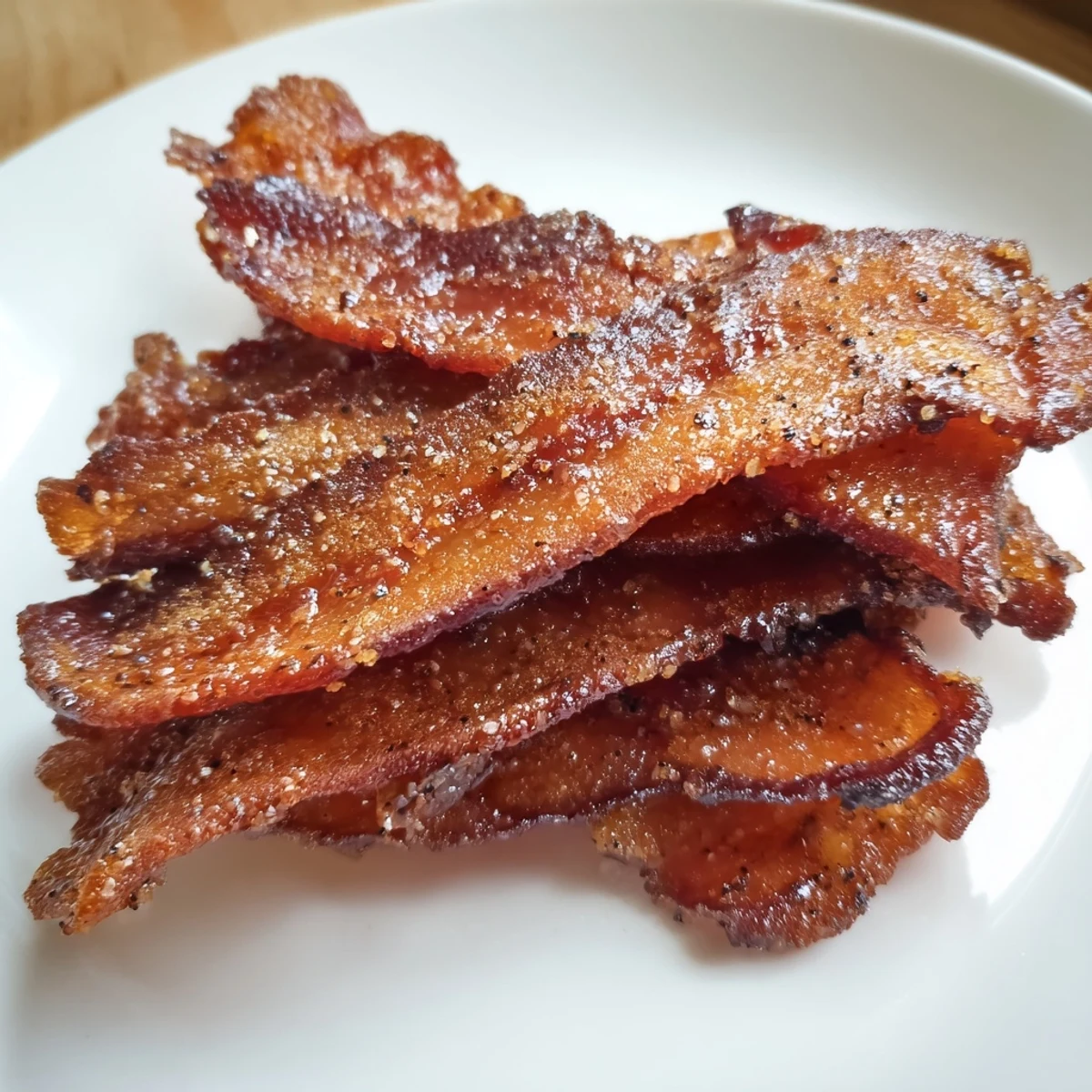 Golden-brown Snoop Dogg Billionaire Bacon with a glistening, caramelized spiced brown sugar crust is ready to eat.