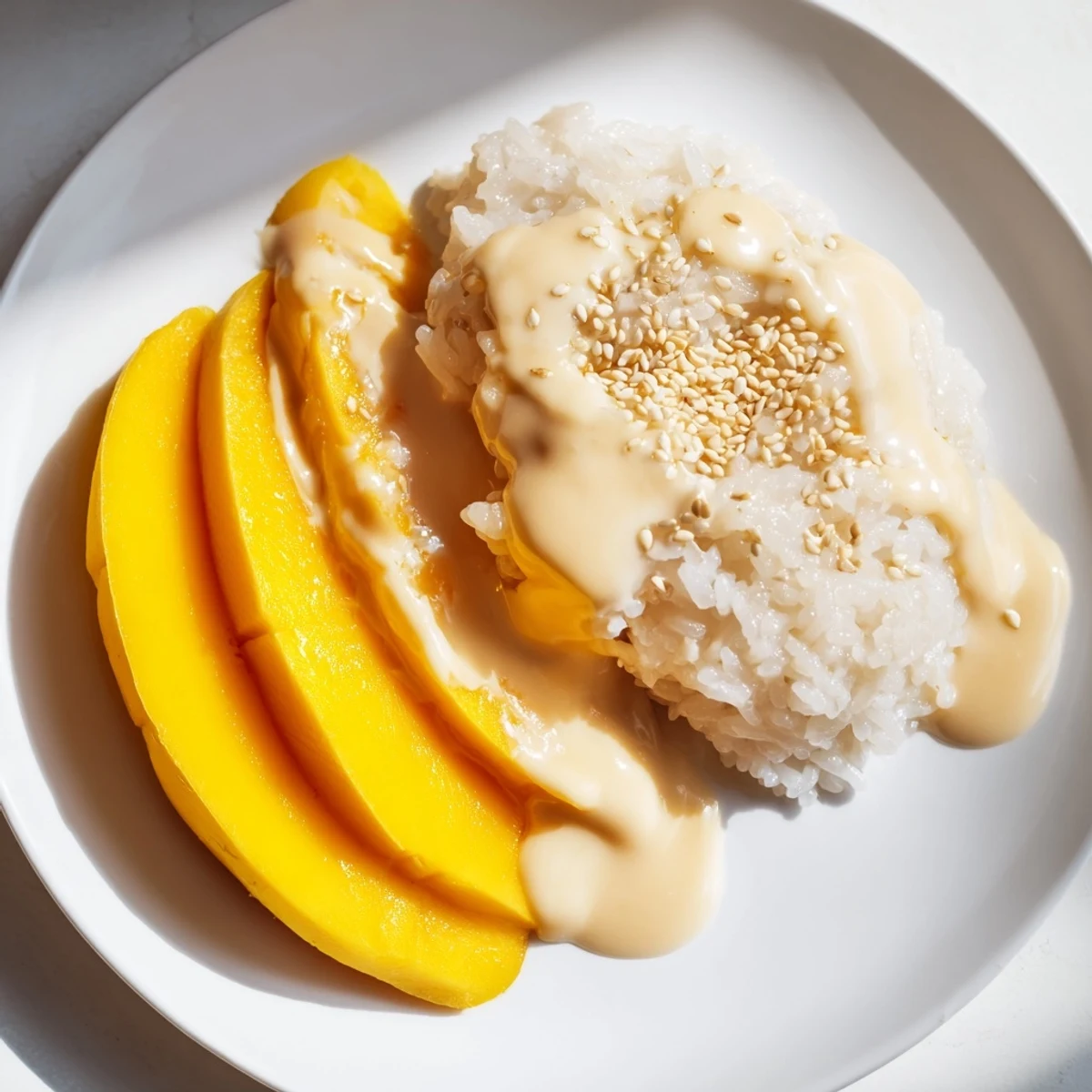 A beautiful plate of Thai Mango Sticky Rice, showcasing vibrant mango and toasted sesame seeds.