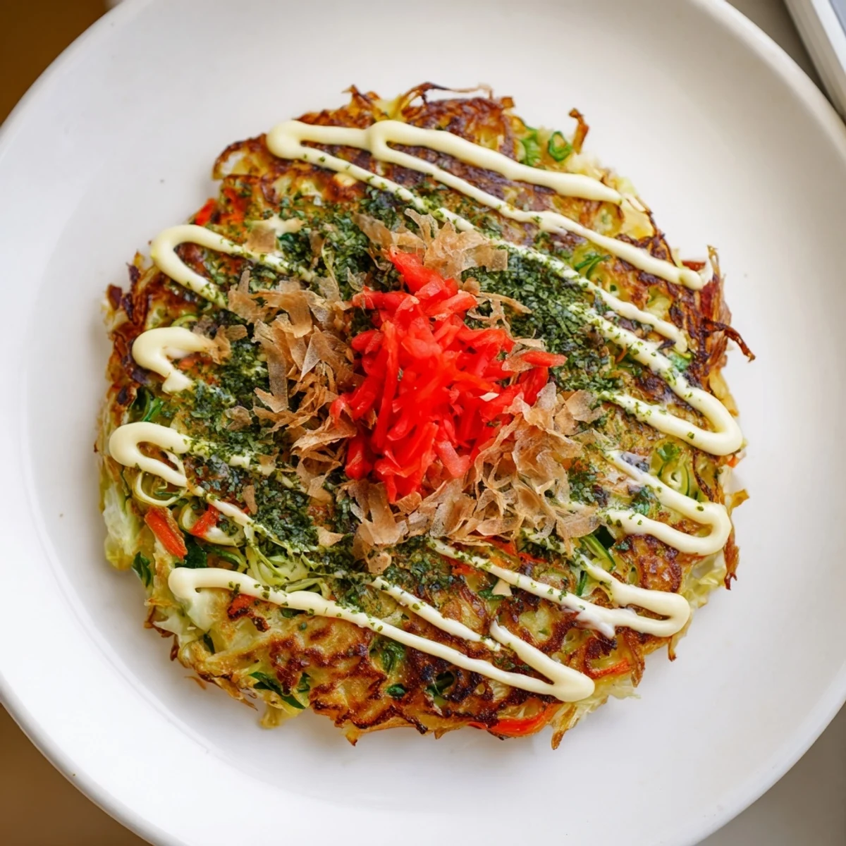 A close-up view of a delicious steaming Japanese okonomiyaki pancake, piled high with toppings and ready to serve.