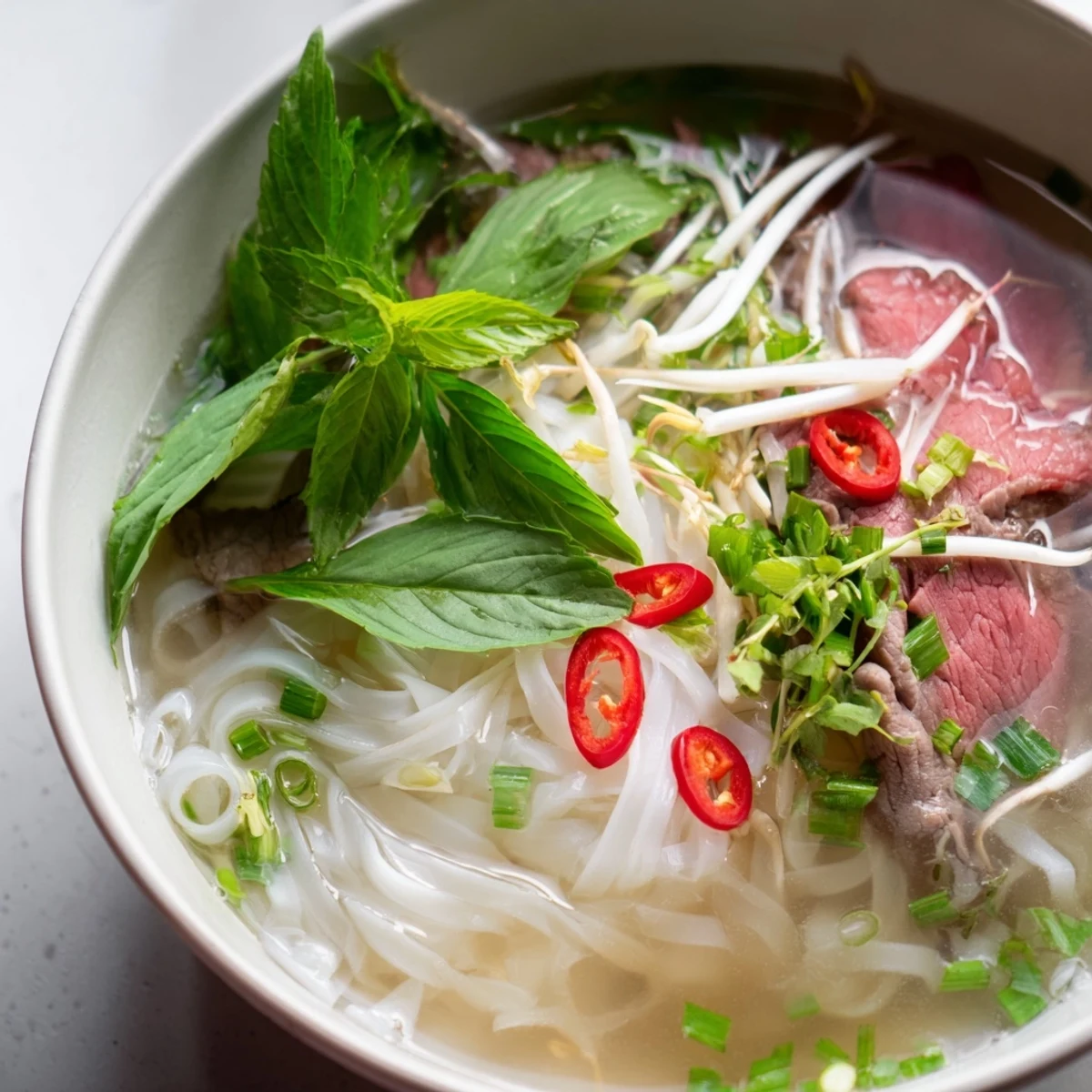 Steaming bowl of flavorful Vietnamese Pho Express with fresh herbs and tender beef.