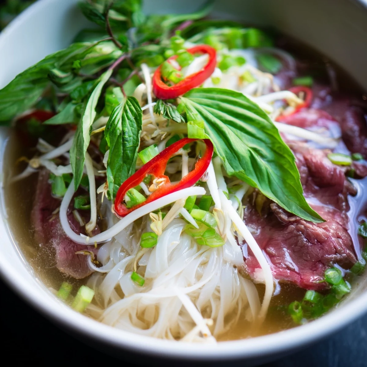 Enjoy a comforting bowl of Vietnamese Pho Express with rice noodles, savory broth, and garnishes.