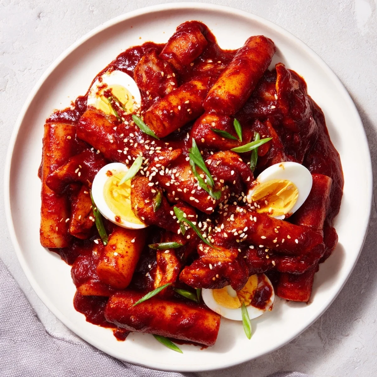 Steaming bowl of Korean tteokbokki: flavorful rice cakes in a vibrant, spicy gochujang sauce.