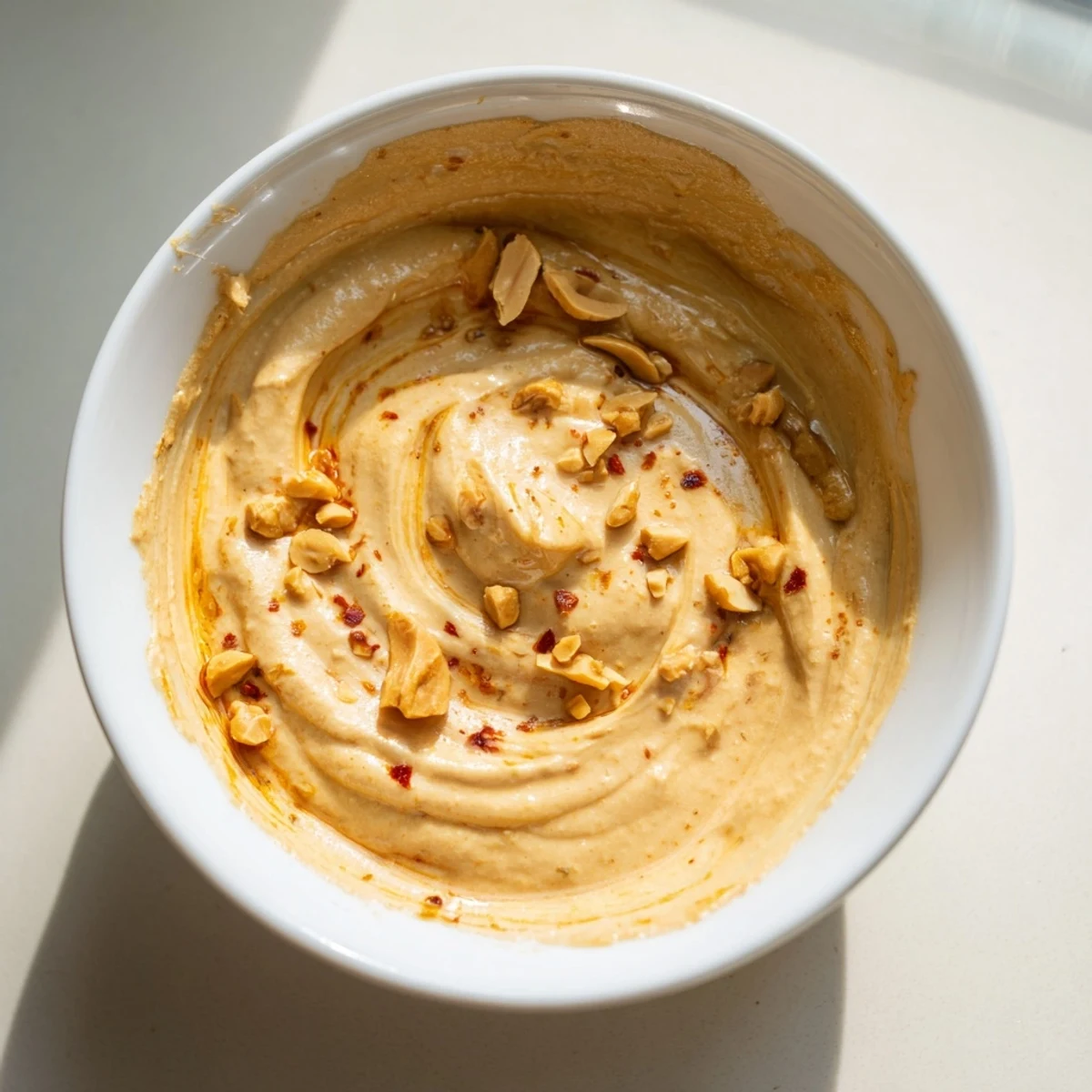 Close-up of golden Indonesian satay sauce, perfectly spiced and savory, served in a bowl.