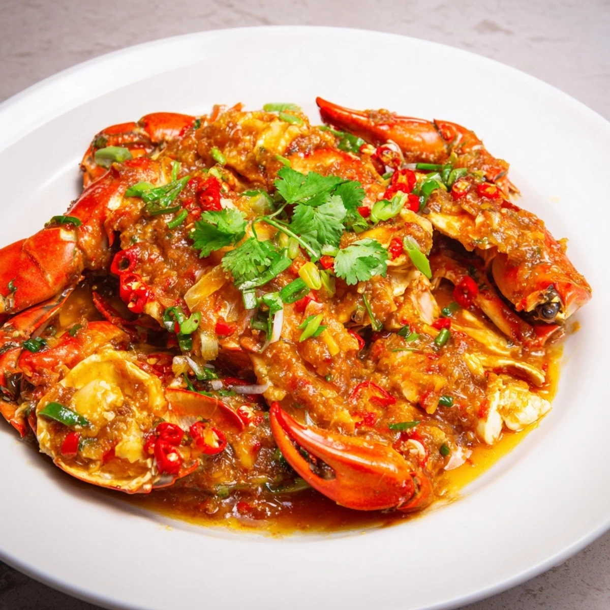 Fragrant Singaporean Chili Crab with vibrant red sauce, perfect for dipping crusty bread in.