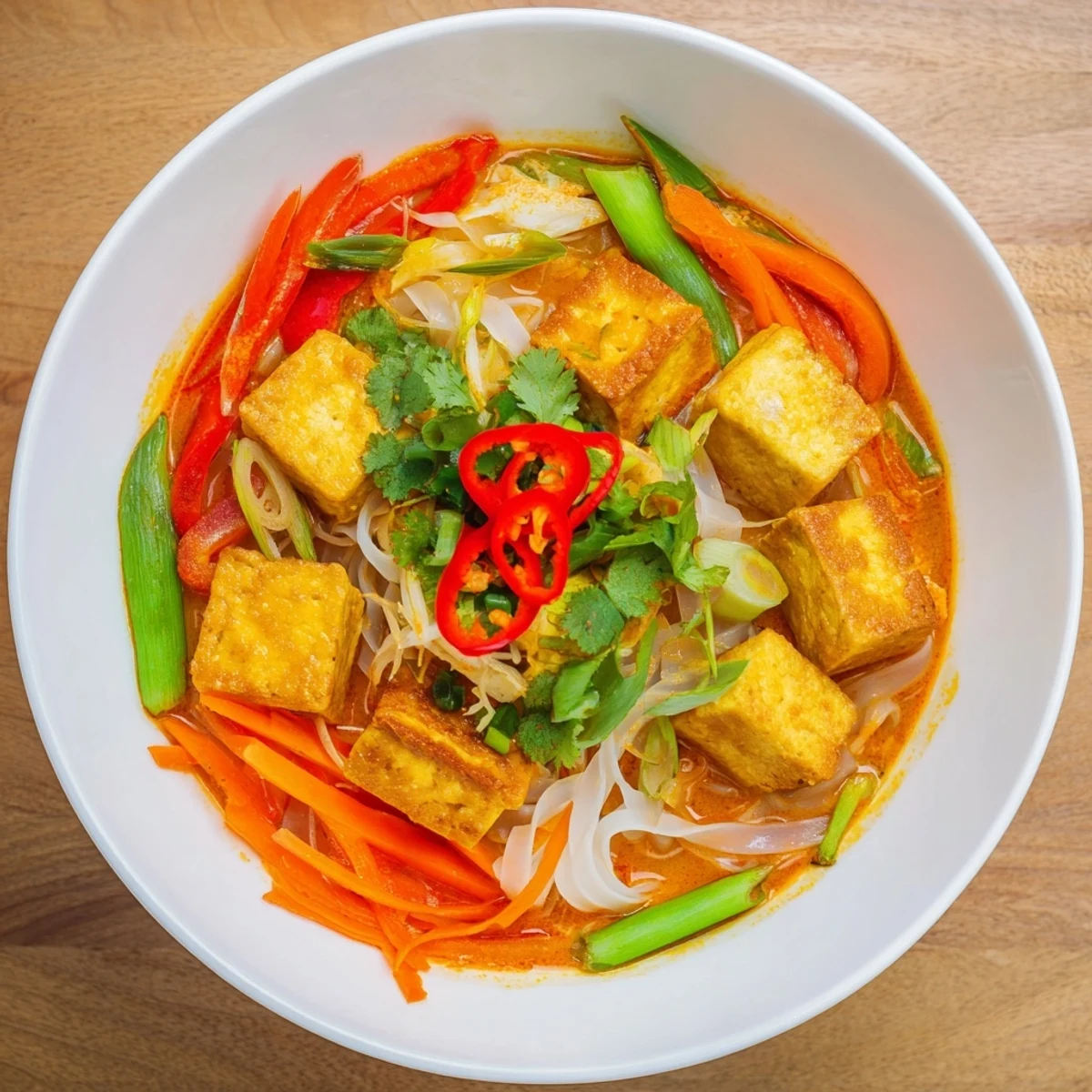 Steaming bowl of Malaysian Laksa Curry, featuring vibrant noodles, tofu, and fresh toppings.