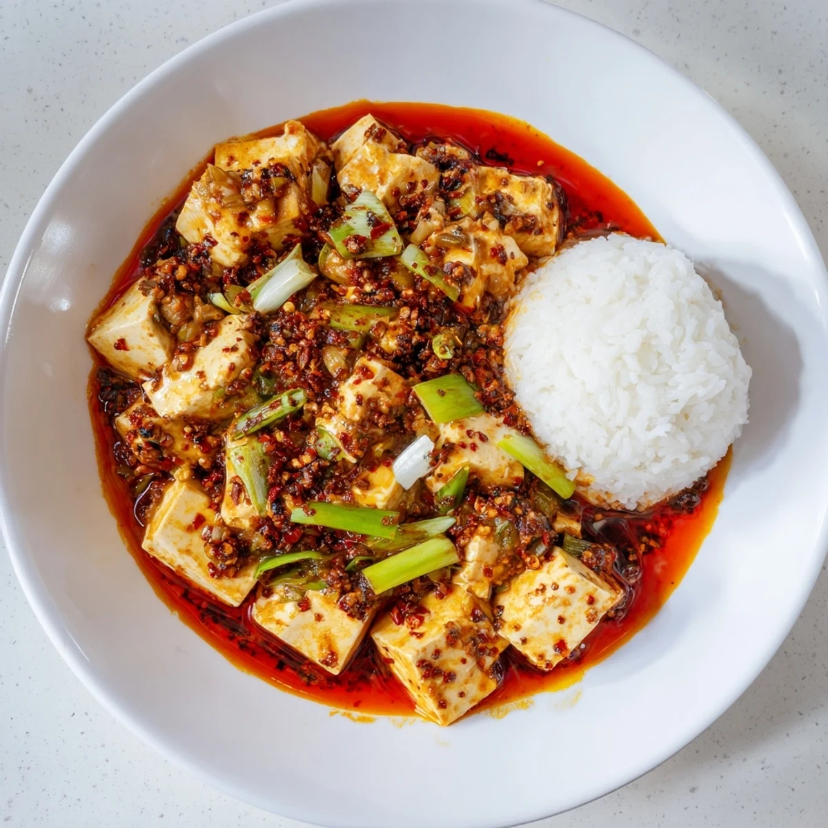 Steaming hot Chinese Mapo Tofu with soft tofu and savory sauce, ready to serve over rice.