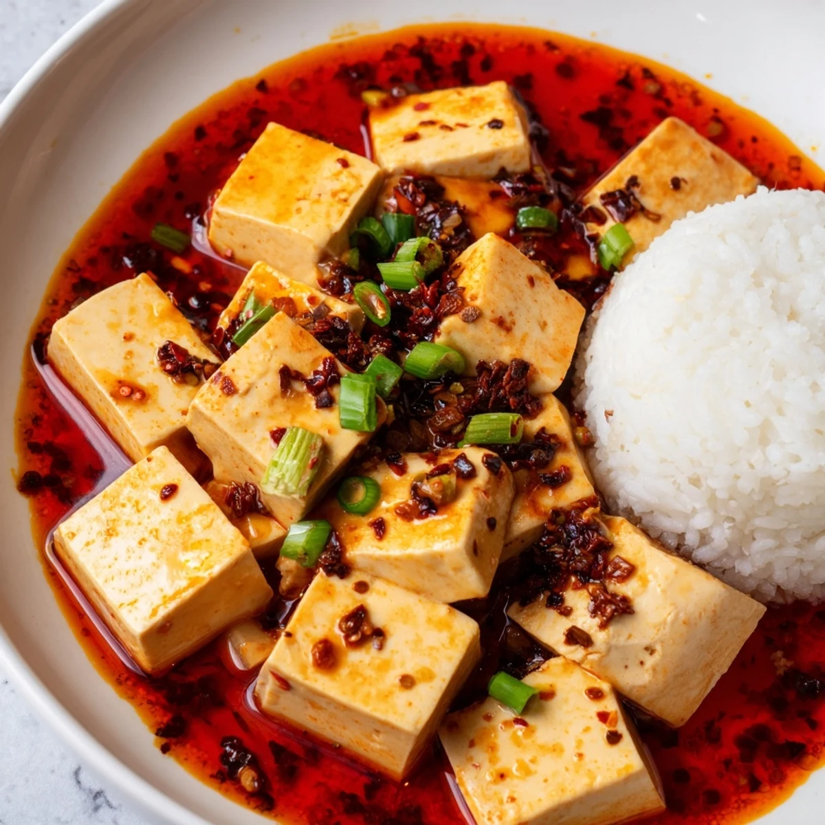 Vibrant image of Mapo Tofu, a Sichuan delight, showcasing spicy sauce with tofu cubes and scallions.