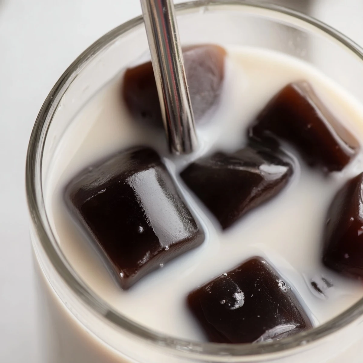 Homemade Coffee Jelly Drink dessert beverage with ice, ready to sip through a straw.