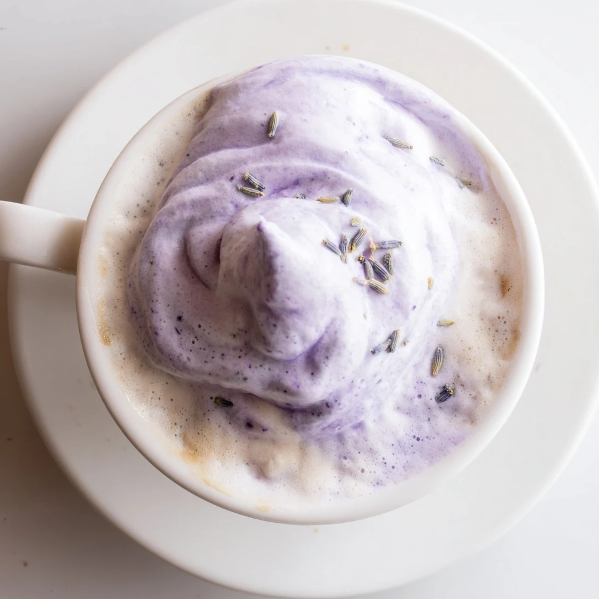Creamy espresso and floral lavender syrup topped with fluffy whipped foam in a clear glass mug.  