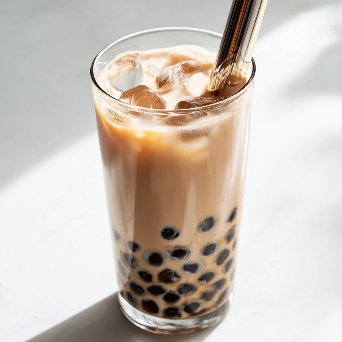 A tall glass of Boba Tea Hack filled with chewy tapioca pearls, creamy milk tea, and ice cubes.
