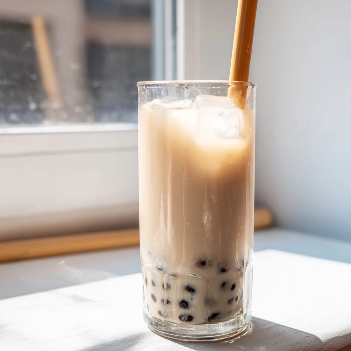 Two refreshing glasses of Boba Tea Hack, showing golden brown pearls in sweetened condensed milk-infused black tea.