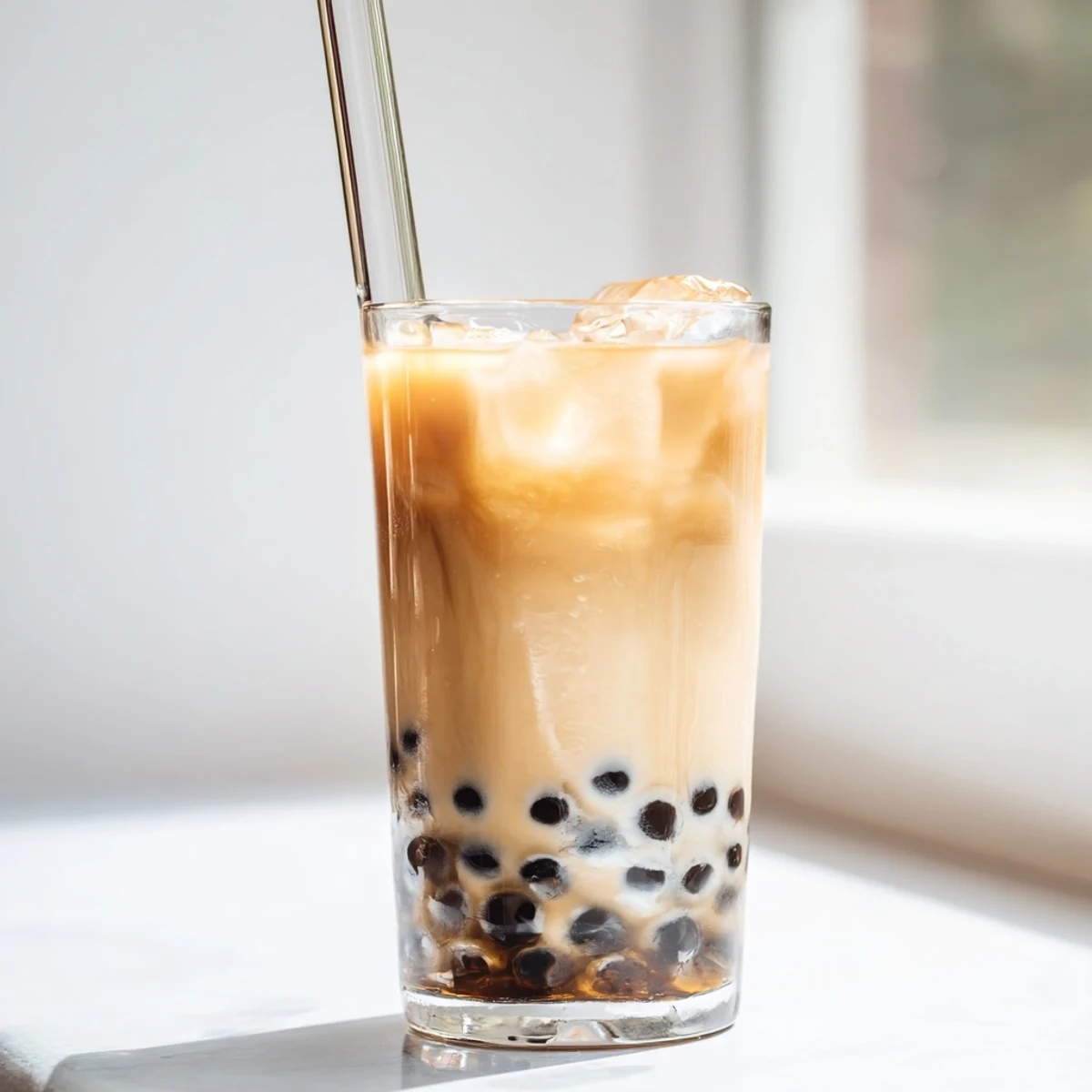 Pouring a creamy Boba Tea Hack over ice and cooked tapioca pearls for a quick, satisfying drink.
