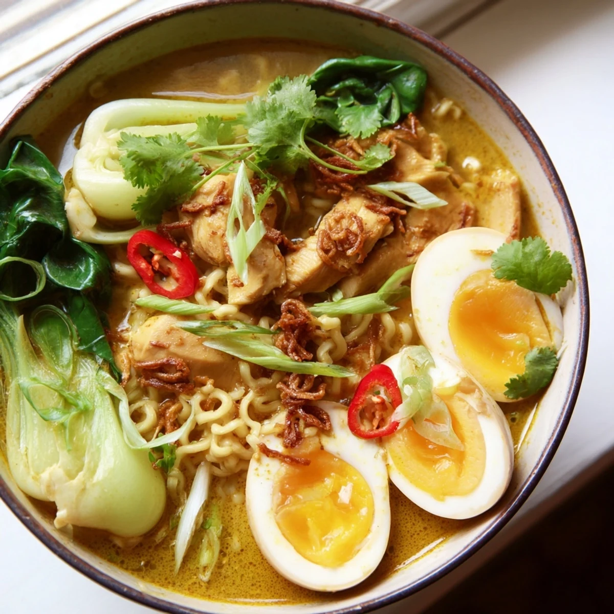 Prepare to enjoy Thai Miso Ramen, a comforting fusion dish with glossy noodles, crisp shallots, and a vibrant red chili garnish on top.