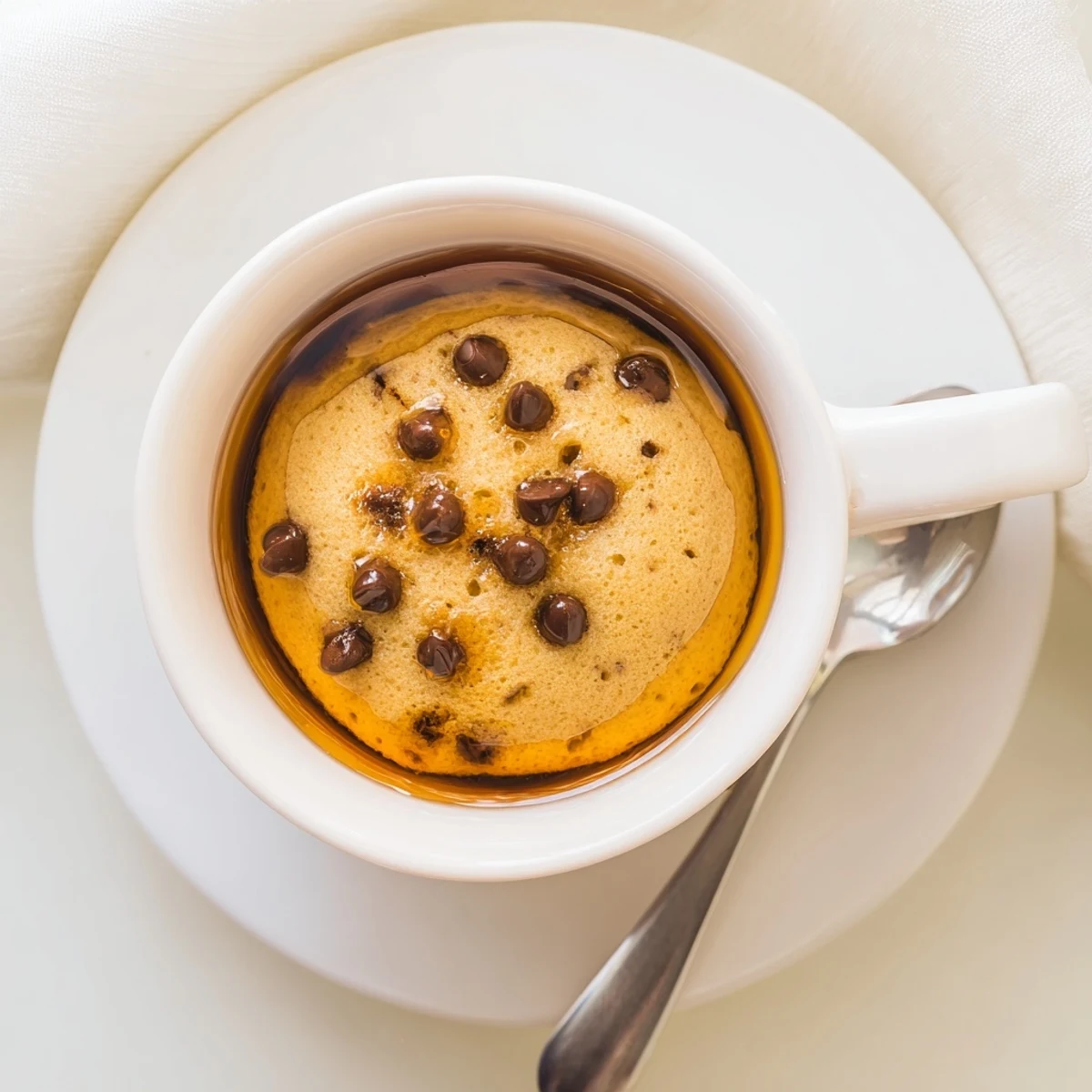 Fluffy microwave mug pancakes topped with maple syrup and fresh blueberries, cooked in a mug for a single serving breakfast.