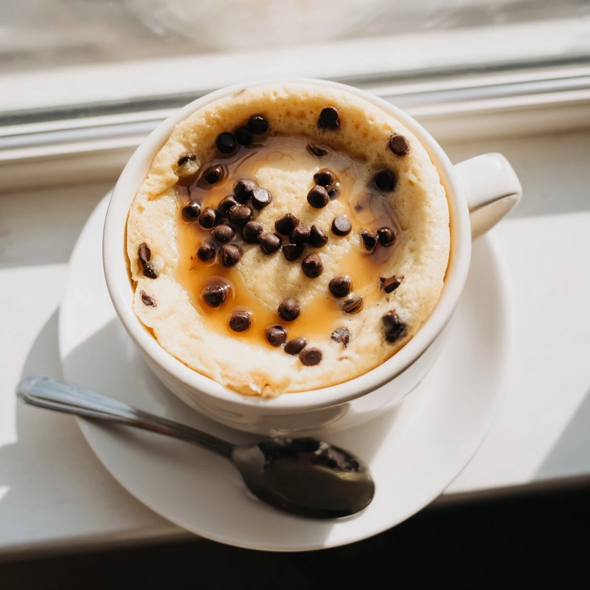 Homemade microwave mug pancakes dusted with powdered sugar, steaming in a mug for an easy solo breakfast treat.