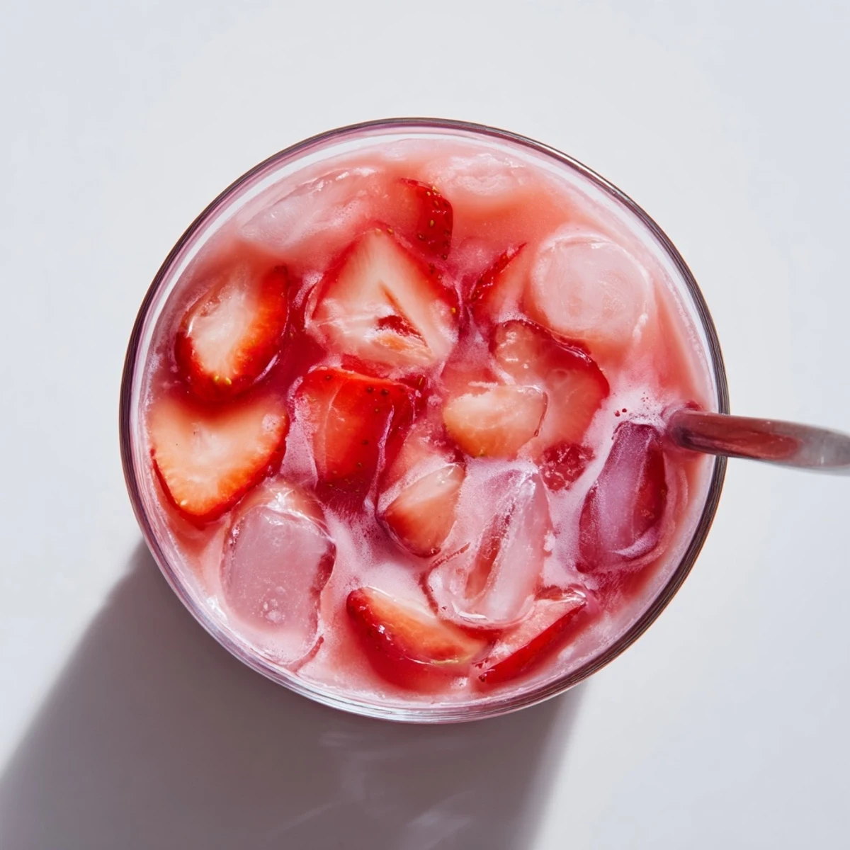 Refreshing Refresher Copycat Pink Drink in a tall glass with fresh strawberry slices and ice.