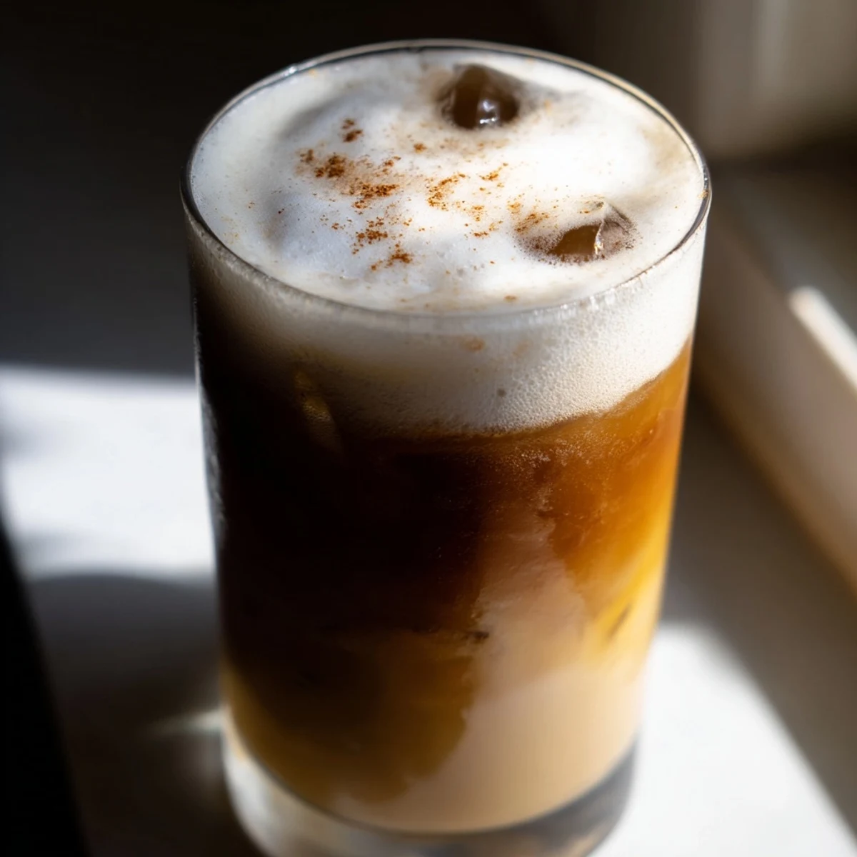 Frothy iced chai tea with cold foam in a clear glass over ice, garnished with cinnamon for a cozy, aromatic sip.  