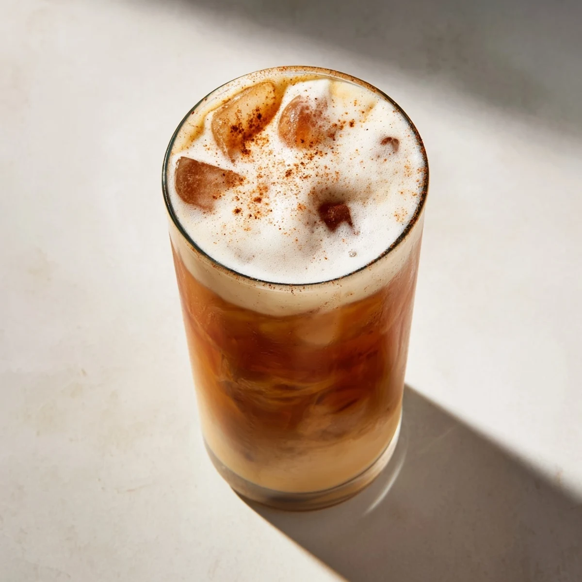 Homemade iced chai tea topped with velvety cold foam, ready to enjoy with a dusting of spice.