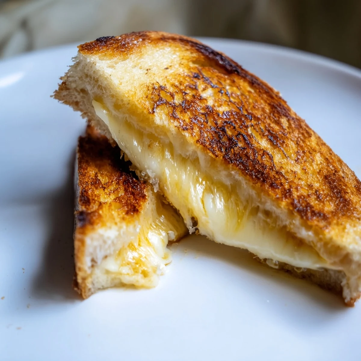 Golden, crispy Three-Cheese Grilled Cheese with gooey melted cheddar, mozzarella, and provolone oozing from the sides.