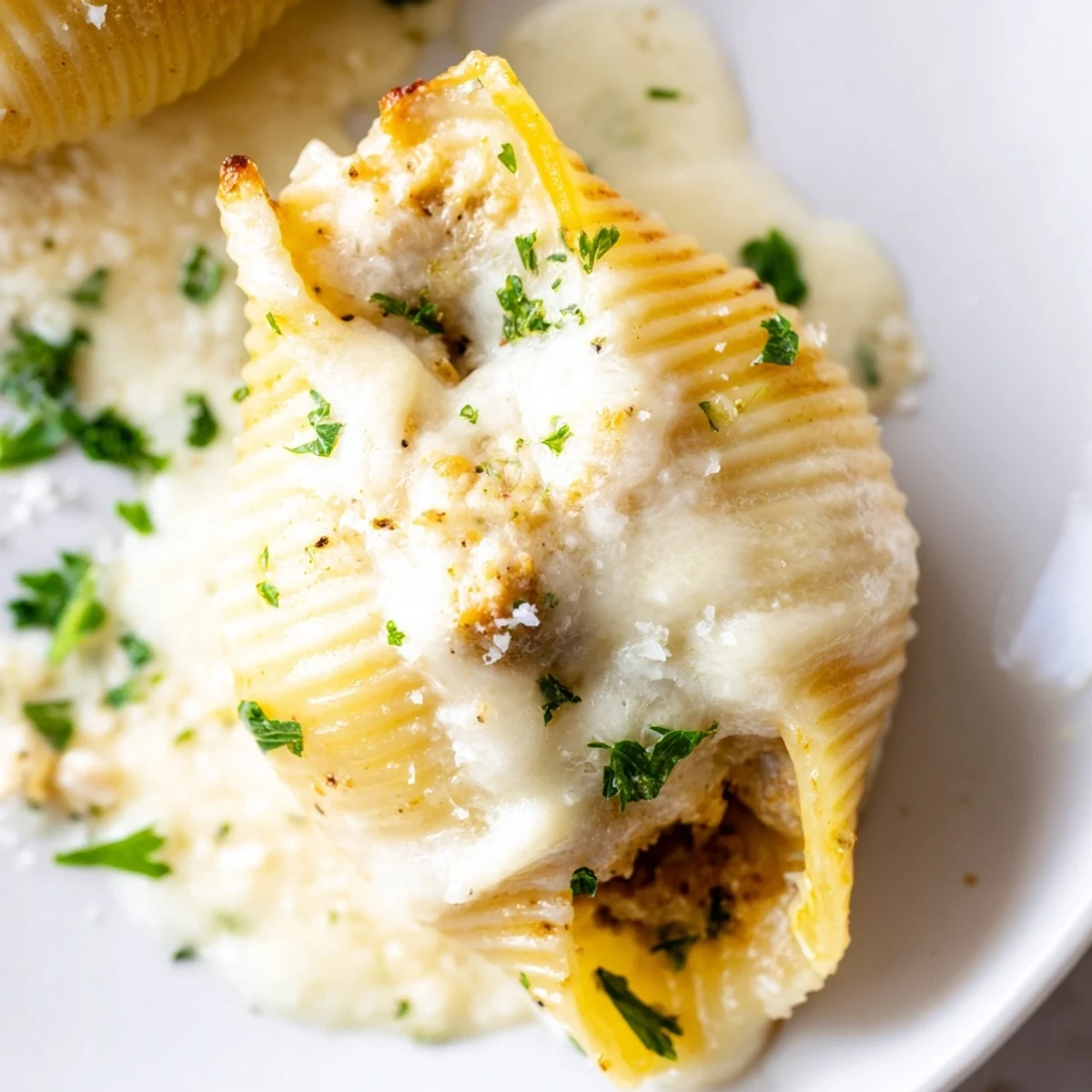 Golden, bubbling Chicken Alfredo Stuffed Shells fresh from the oven, garnished with fresh parsley and served on a rustic wooden table.  