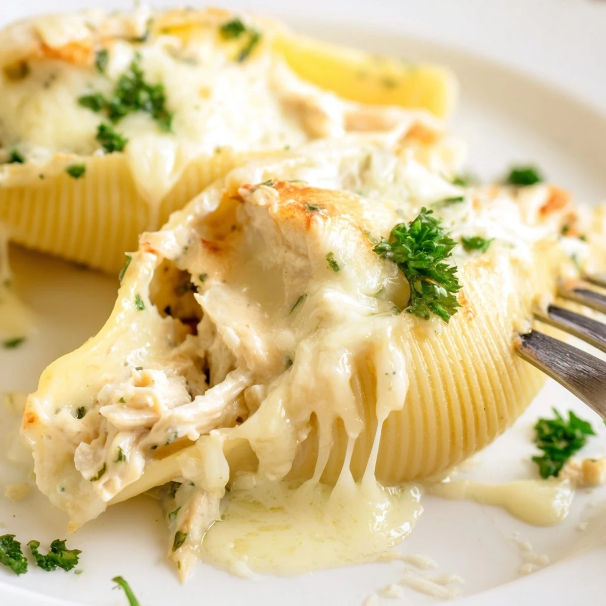 Plump pasta shells filled with creamy chicken Alfredo and topped with melted cheese, ready to be served alongside a crisp green salad.  