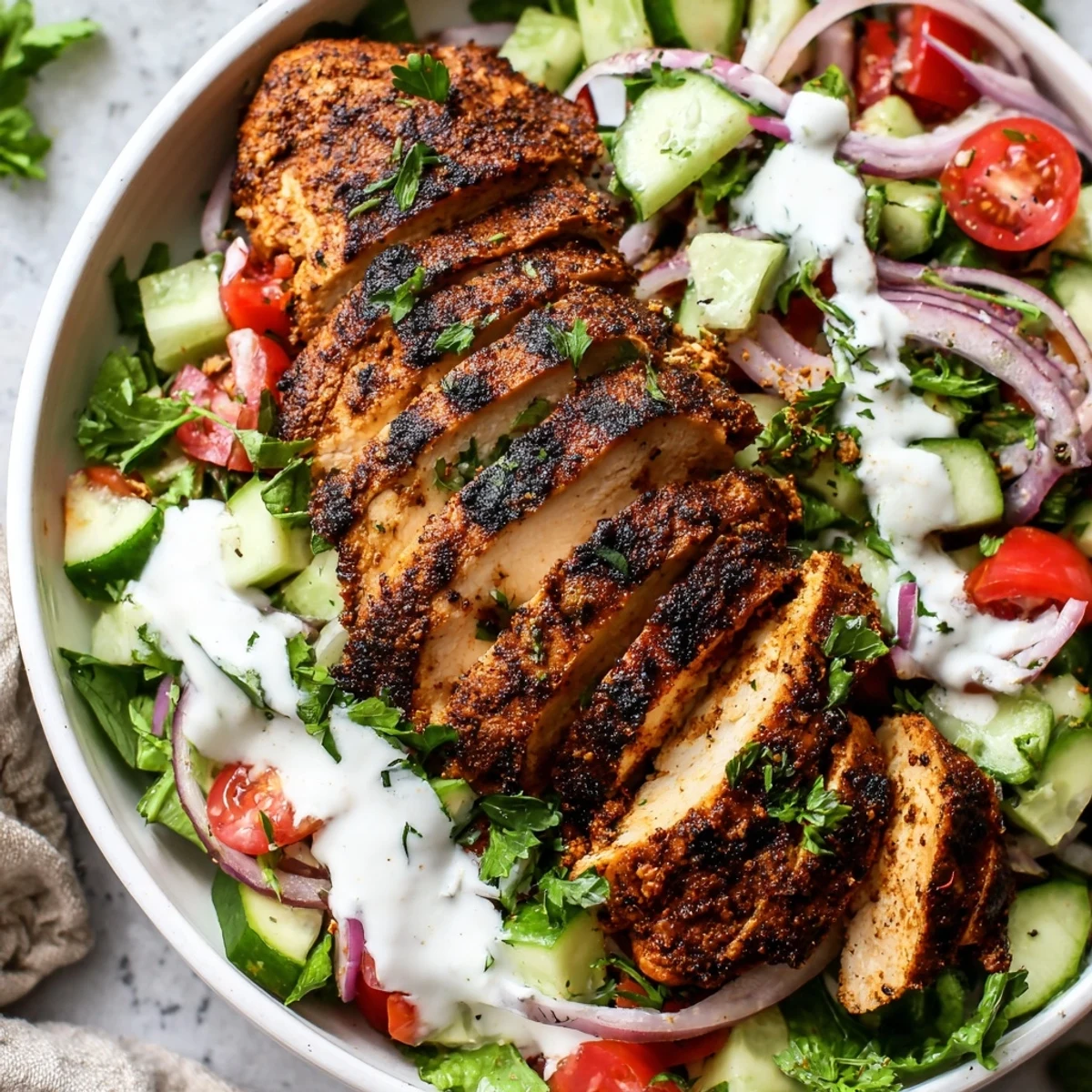 Vibrant plated Chicken Shawarma Salad with marinated chicken, colorful veggies, and a generous drizzle of cumin-spiced dressing.