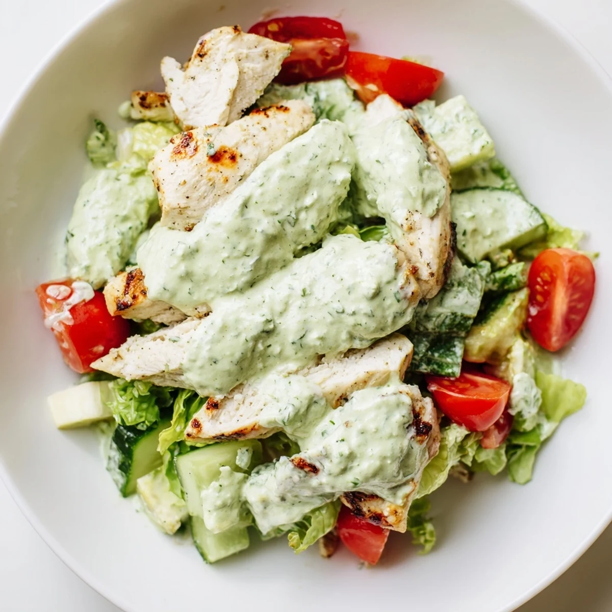 A close-up of Avocado Ranch Chicken Salad, featuring juicy chunks of grilled chicken tossed with creamy avocado dressing, crisp cherry tomatoes, and fresh romaine greens in a white bowl.  